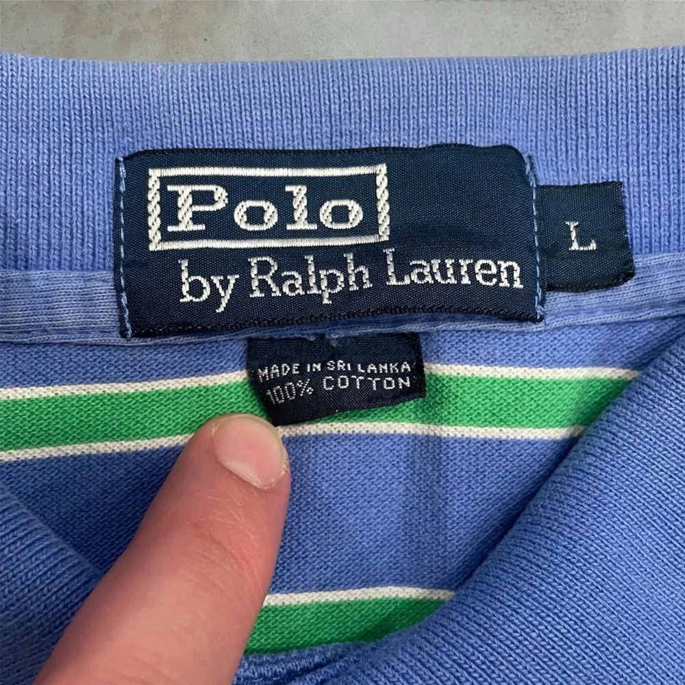 Polo Ralph Lauren Polo Shirt Mens L Blue Green Striped Short Sleeve Pique Cotton